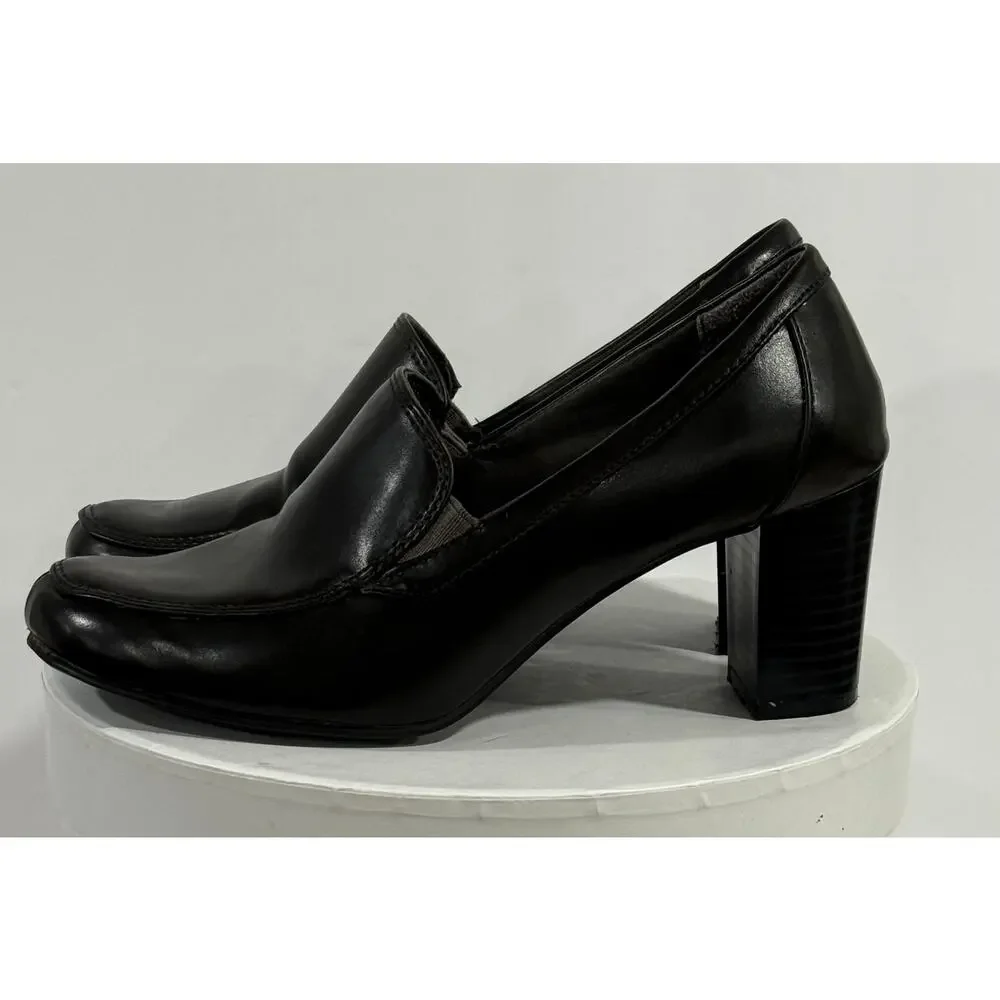 GH Bass Paris Heeled Loafers Black Square Toe Block Heel Office Siren Women's 6M